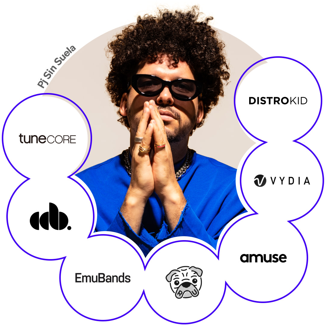 Graphic of the artist Pj Sin Suela surrounded by logos of popular distributors