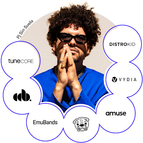 Graphic of the artist Pj Sin Suela surrounded by logos of popular distributors