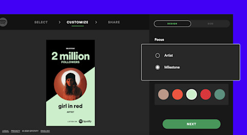 If the artist or track has an eligible milestone, you'll see the option to select it at the Customize stage.