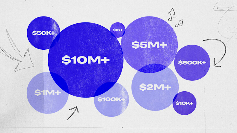 A range of financial sums shown in circles alluding to streaming royalties.