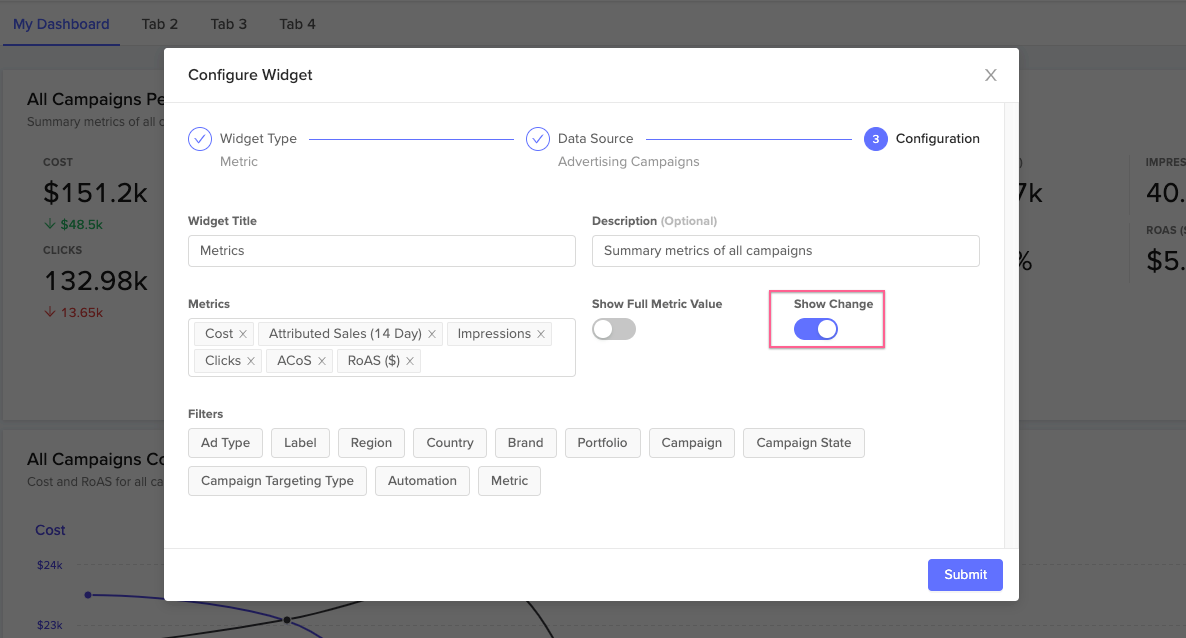 Dashboard Period Delta Toggle Users can turn on and off period deltas in dashboards