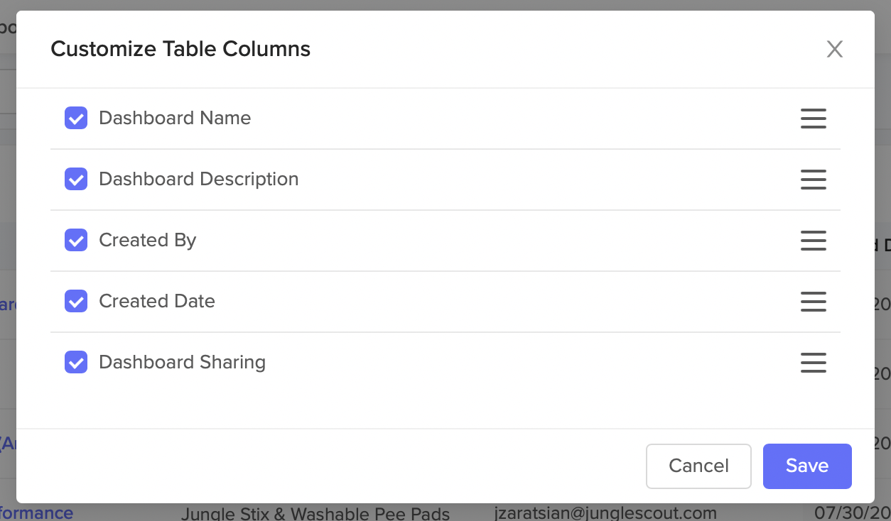 Customize Dashboard Table