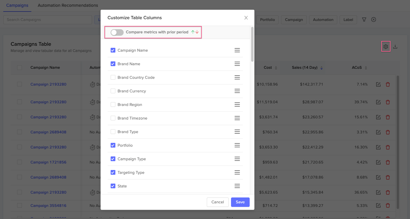 Toggle previous period comparisons User can now toggle period changes on and off
