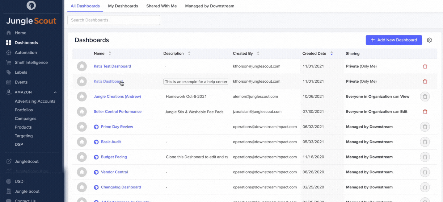 Clicking into Dashboard Details Page