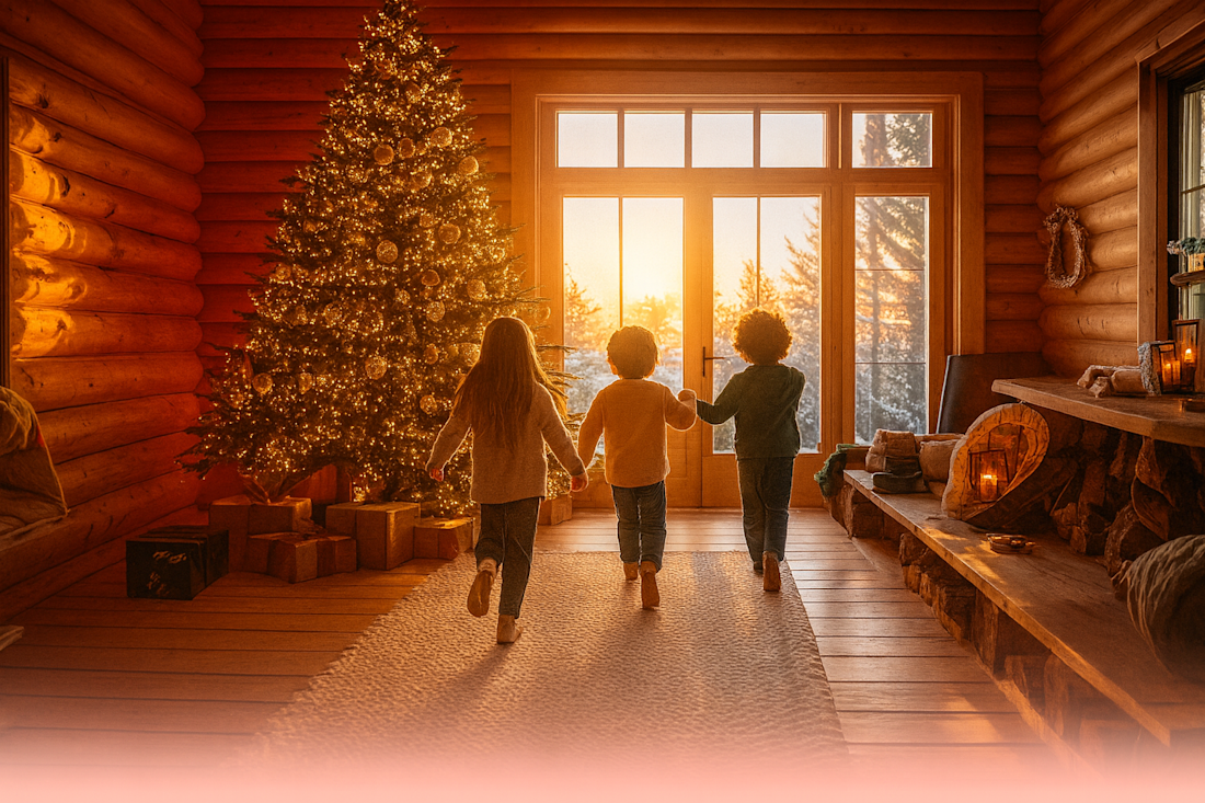 Children running towards tree on Christmas morning
