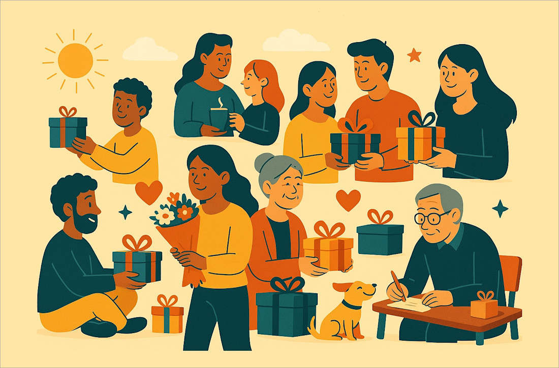 People from different cultures, and of different ages, giving gifts