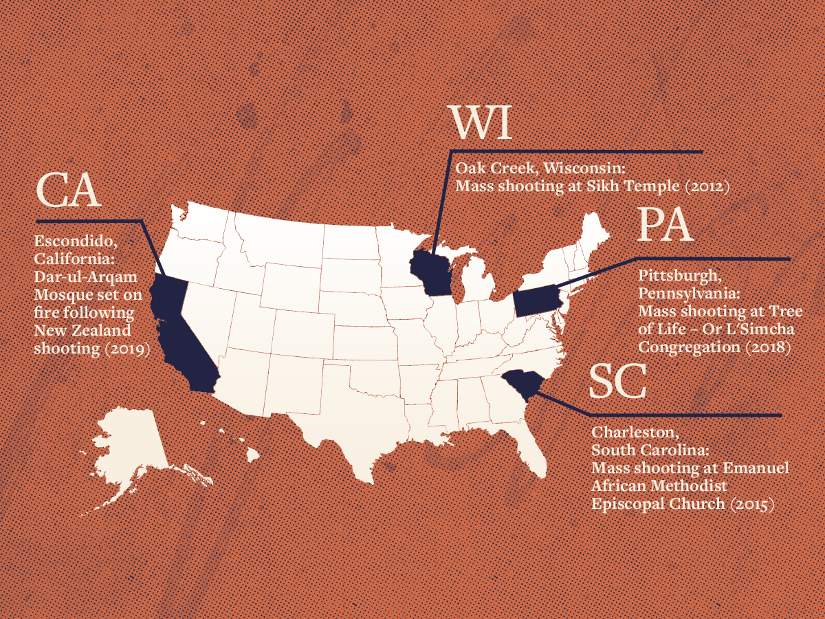 Wisconsin, South Carolina, Pennsylvania, and California are navy on a white map.
Oak Creek, Wisconsin: Mass shooting at Sikh Temple (2012)
Charleston, South Carolina: Mass shooting at Emanuel African Methodist Episcopal Church (2015)
Pittsburgh, Pennsylvania: Mass shooting at Tree of Life – Or L'Simcha Congregation (2018)
Escondido, California: Dar-ul-Arqam Mosque set on fire following New Zealand shooting (2019)