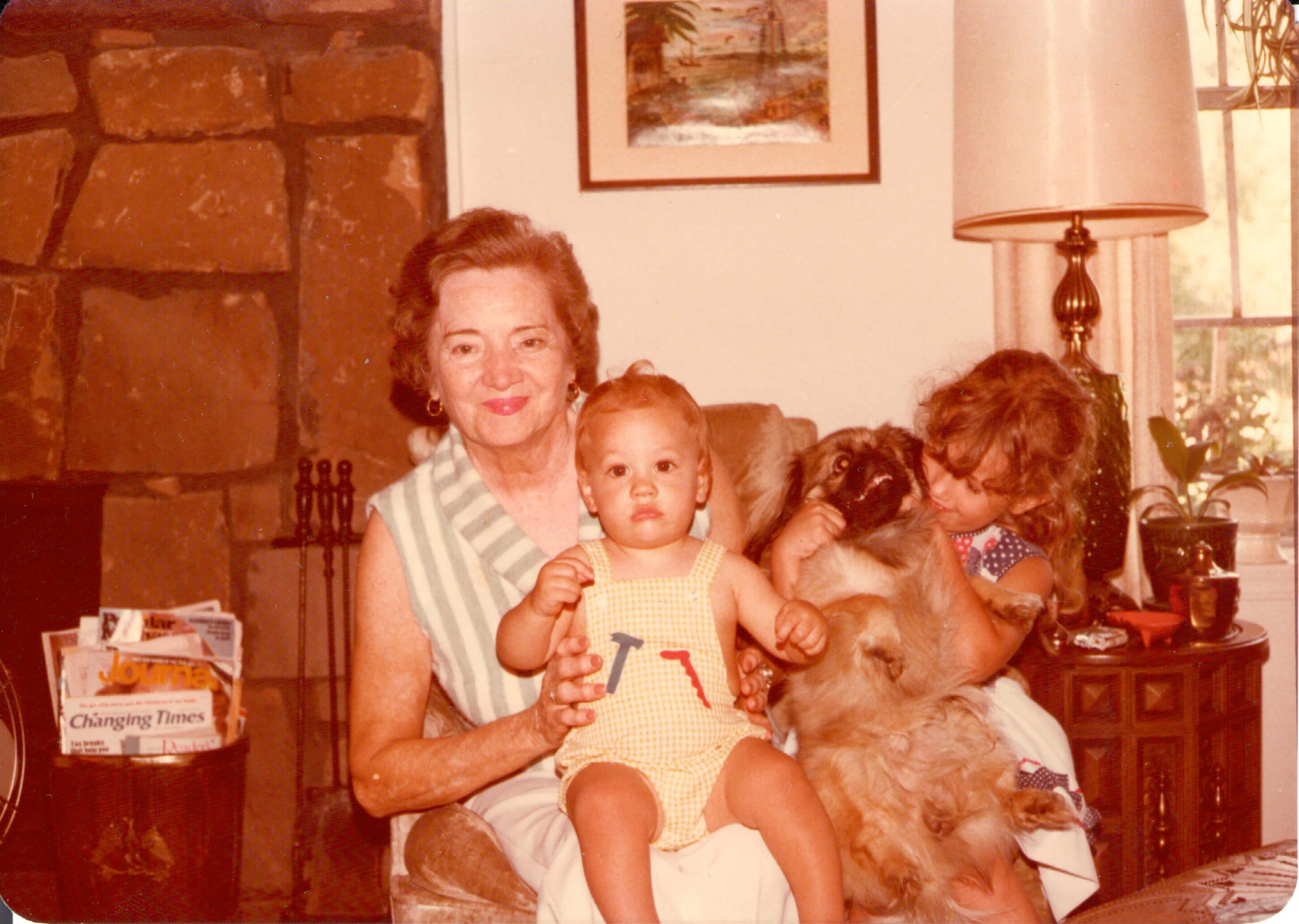 Elizabeth’s Aunt Bee with Alex, Buddy the Pekingese, and Amelia.