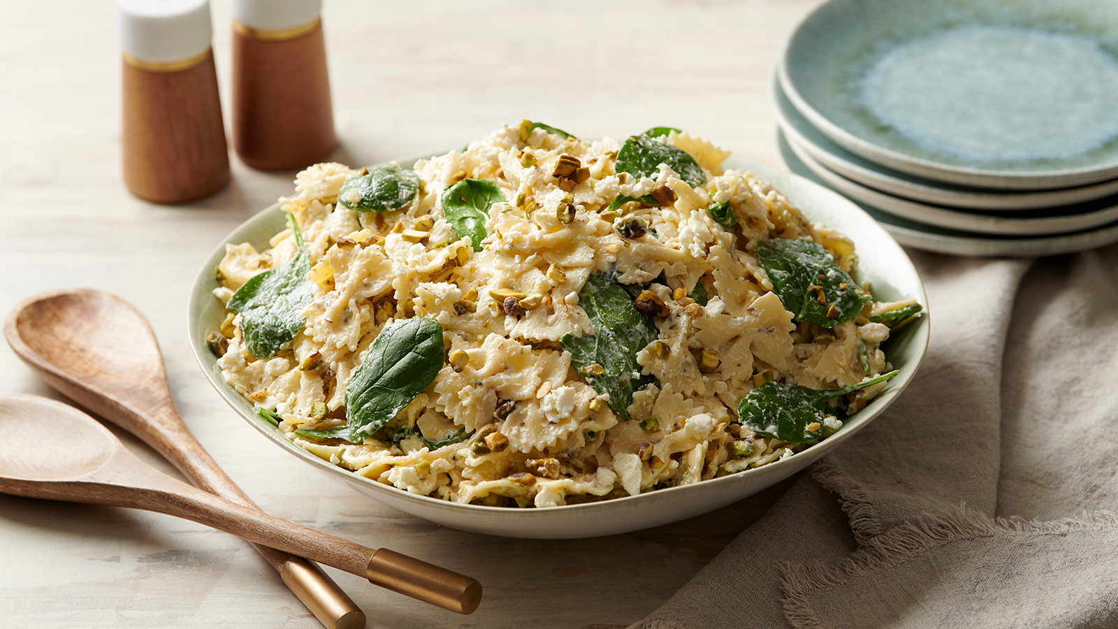 Lemon Farfalle Salad with Pistachios and Spinach