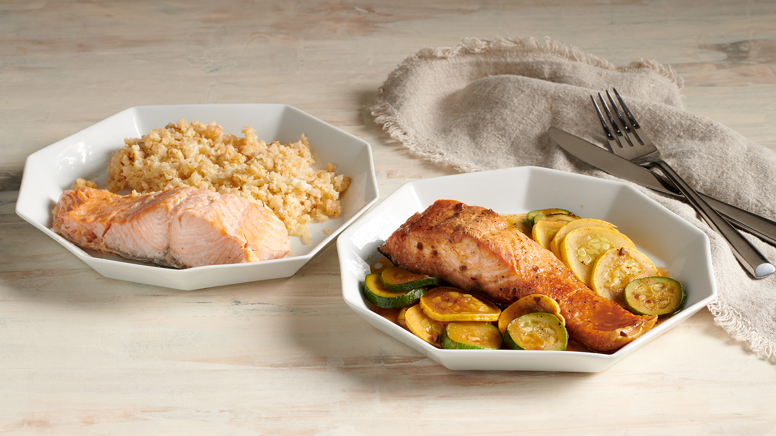 Creole Salmon with Cauliflower Rice & Korean BBQ Salmon with Zucchini and Squash Steamer Bags