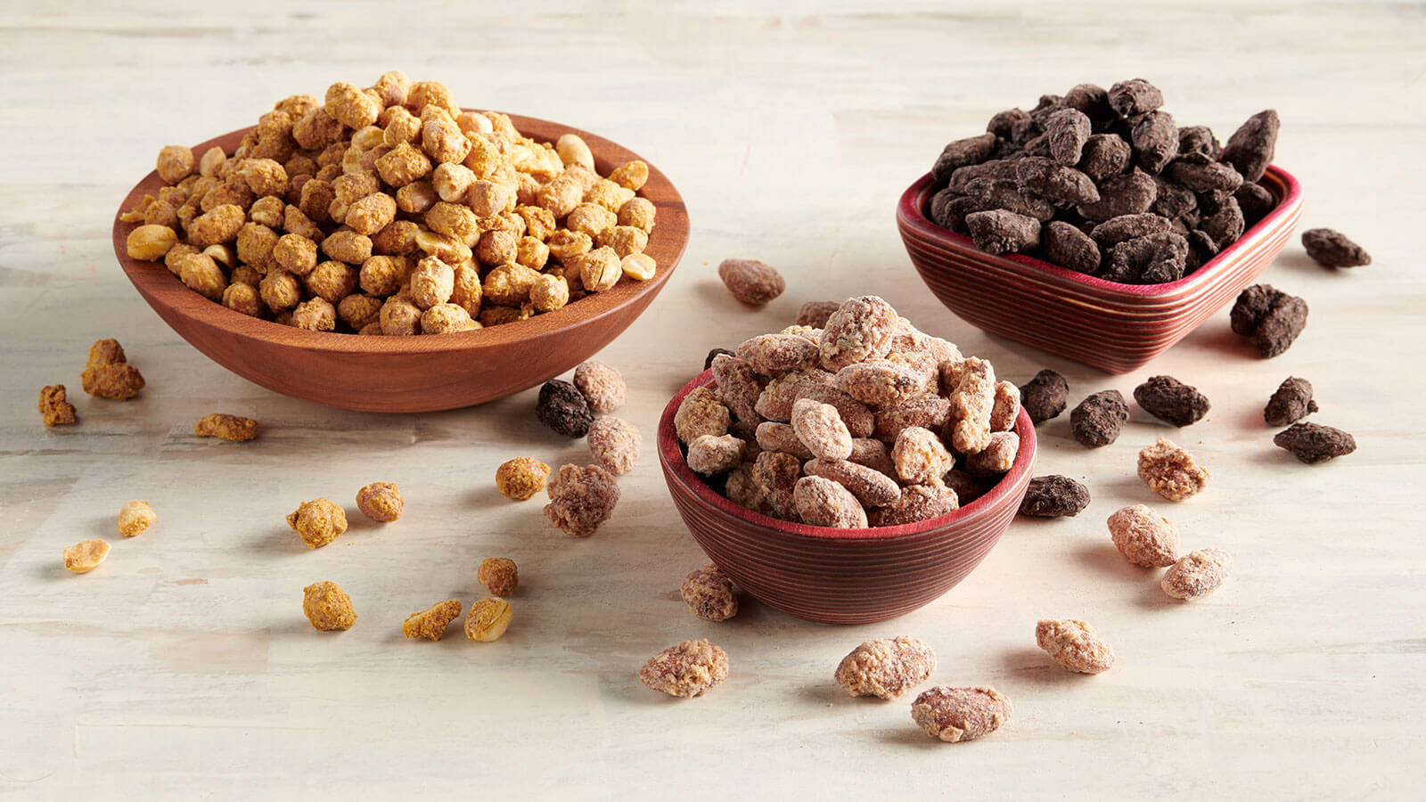 Coconut Lavender Almonds, Dark Cocoa Chili Almonds, Hot Curry Peanuts