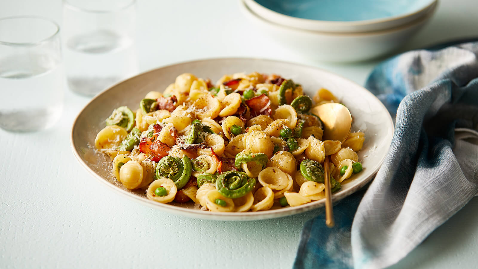 Spring Pasta Carbonara with Fiddleheads and Herbs