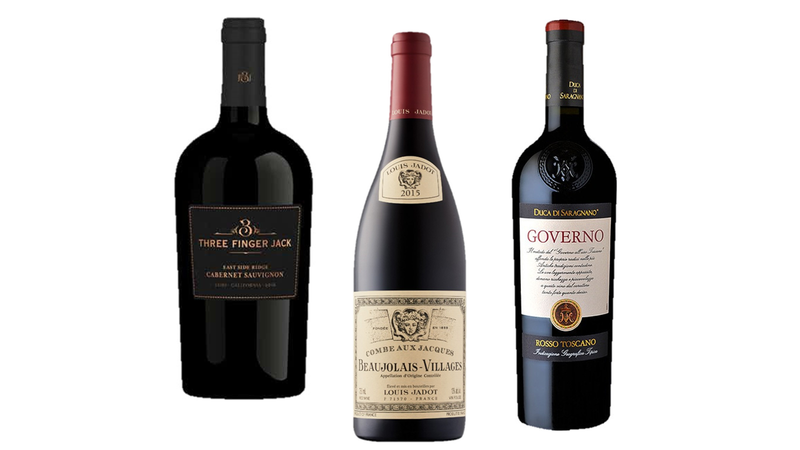 Three Finger Jack Cabernet Sauvignon & Jadot Beaujolais Villages & Saragnano Governo Rosso Toscano