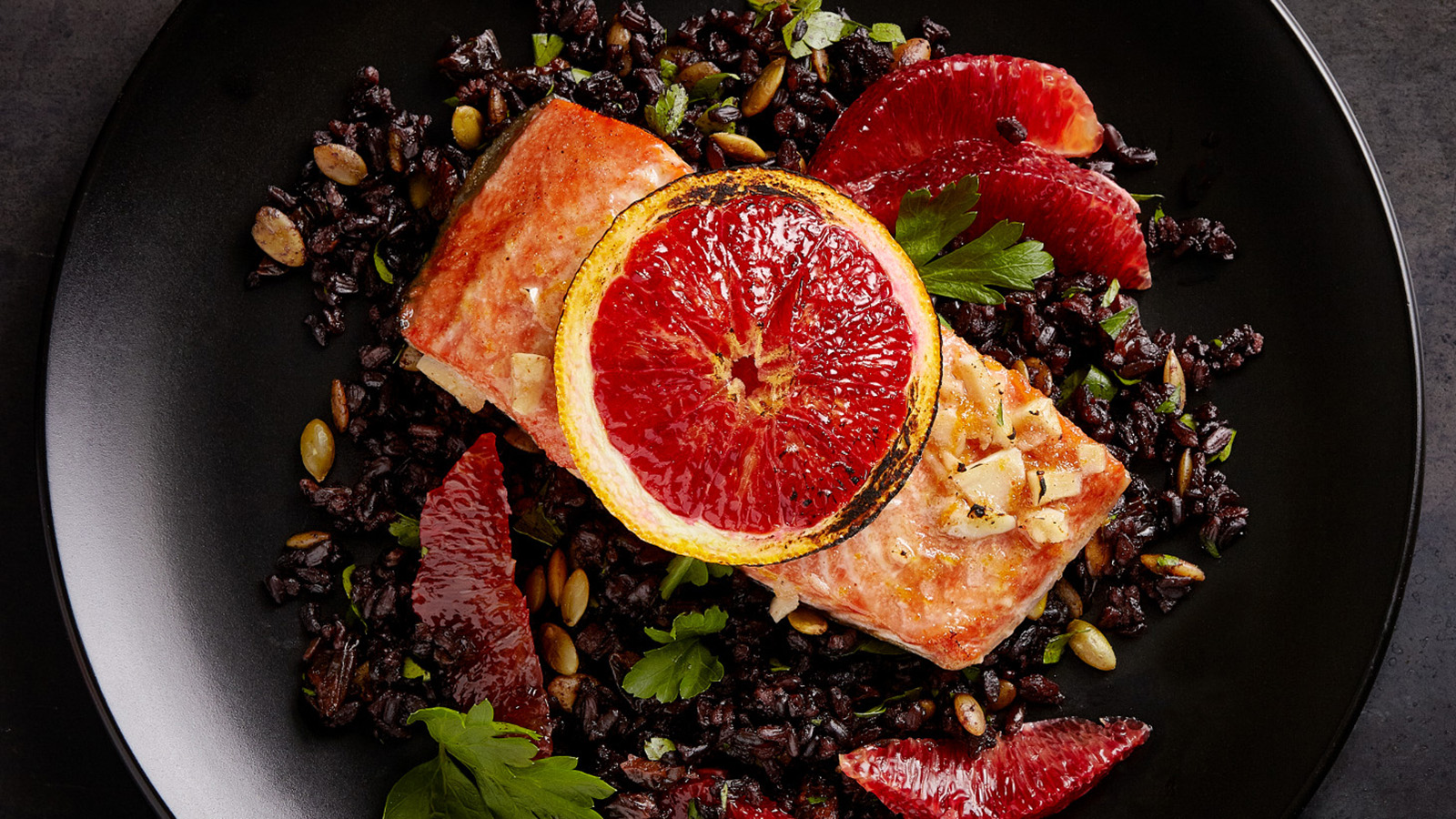 blood orange salmon with black rice