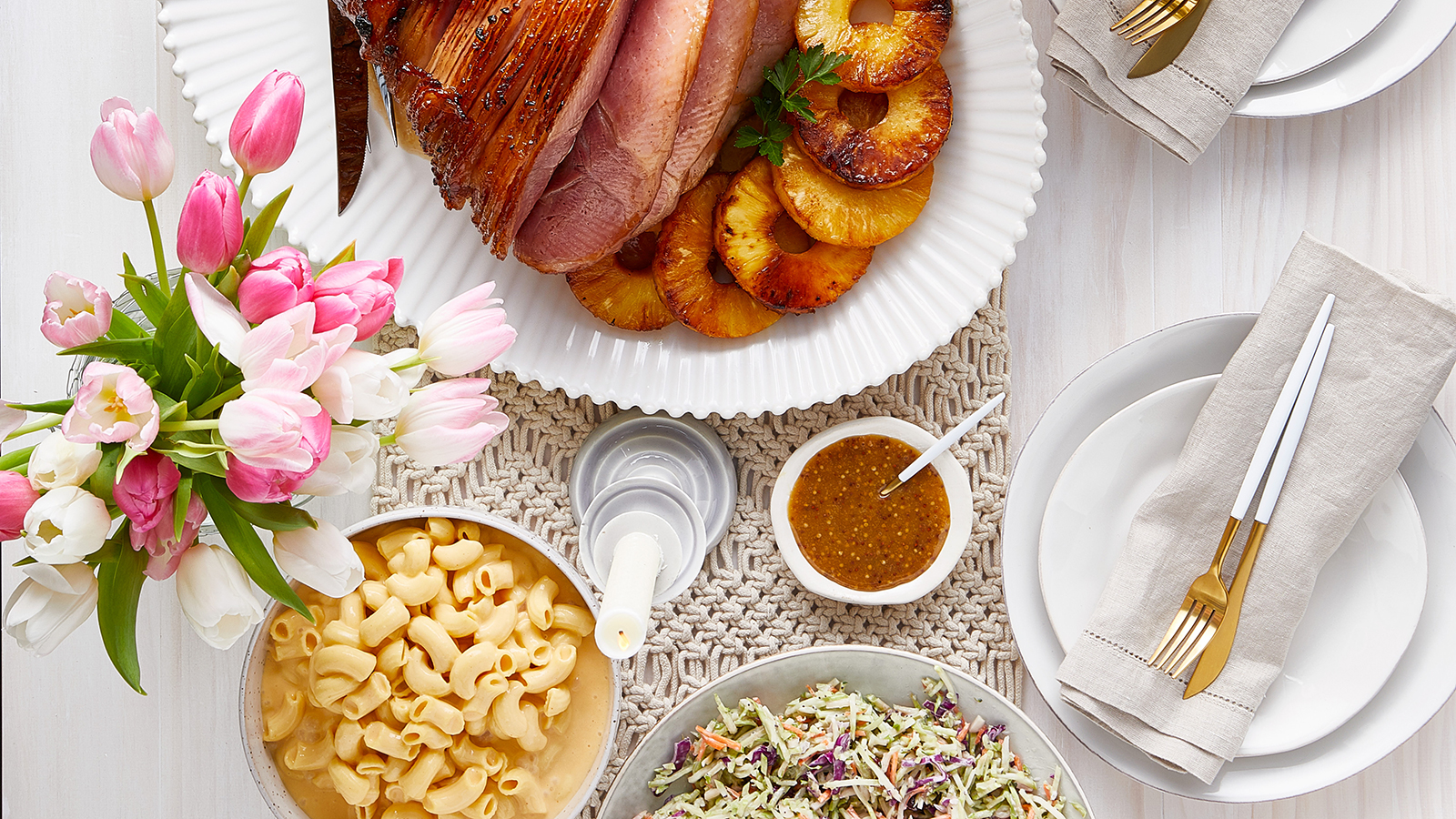 easter table with flowers