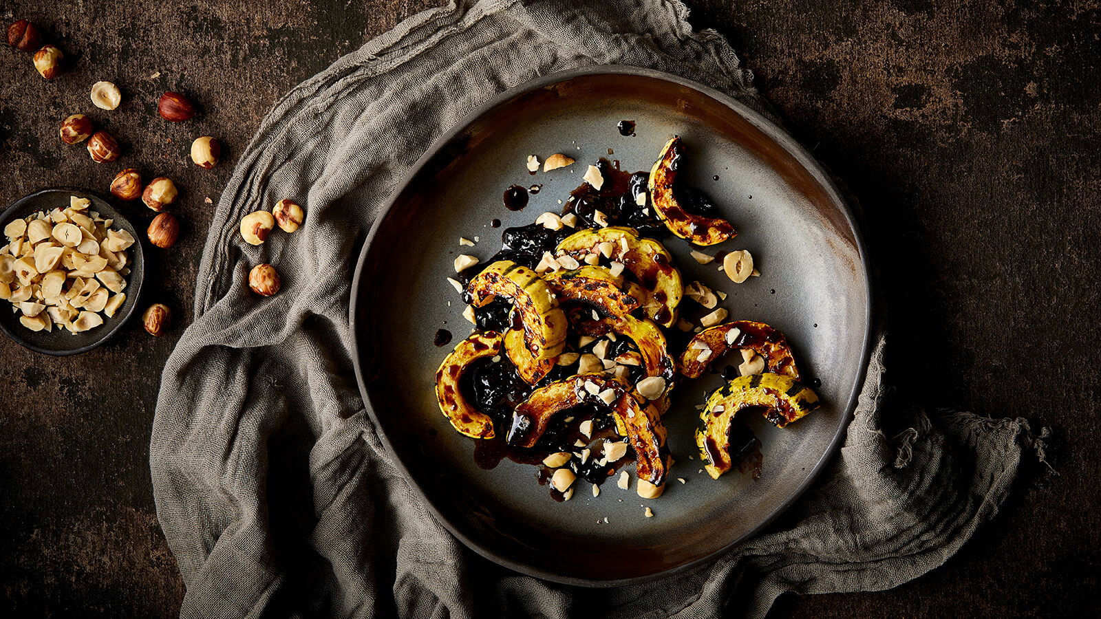 Roasted Fall Squash with Cherry Balsamic Agrodolce and Hazelnuts