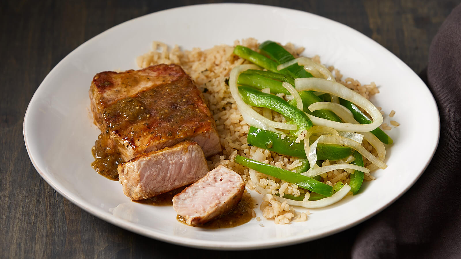Salsa Verde Pork Chops with Cilantro Lime Rice and Vegetables