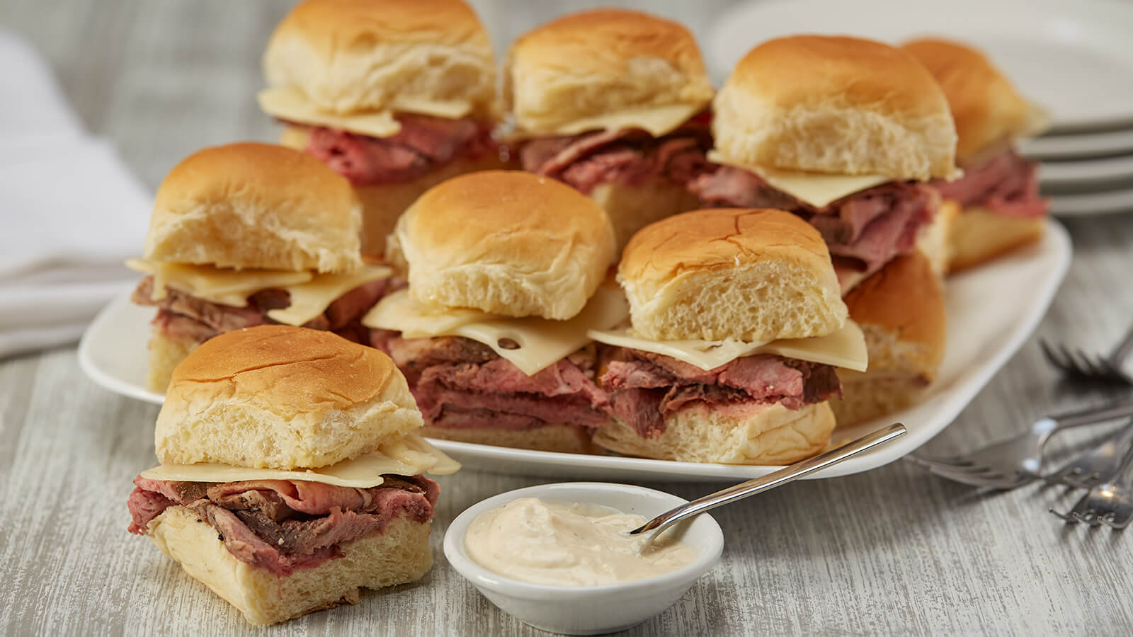 Flank Steak & Swiss with Horseradish Aioli Sliders