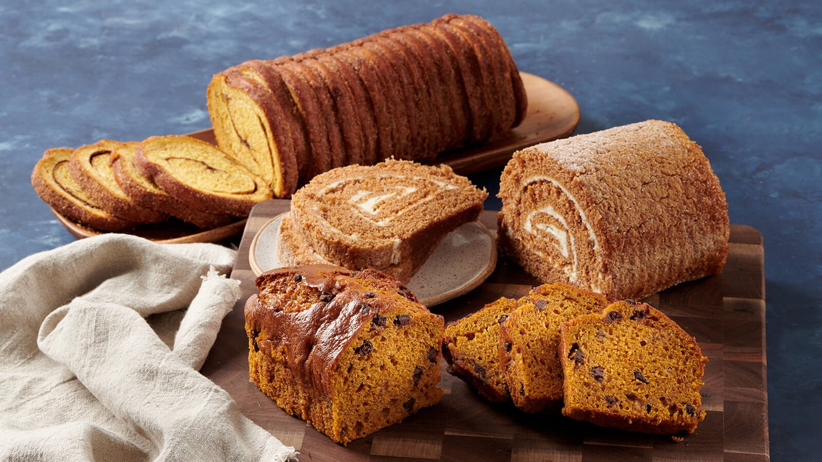 Pumpkin Chocolate Chip Pound Cake, Cake Roll, Nut Cinnamon Sweet Swirl Bread