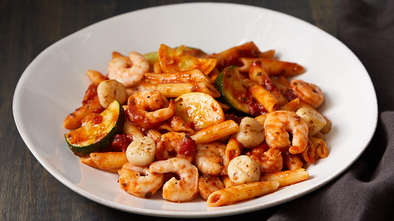 Seafood Arrabbiata with Penne Pasta and Fresh Squash