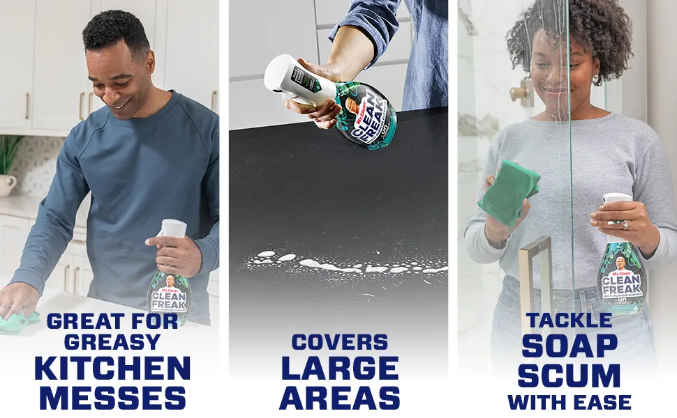 Cleaning various home surfaces with a Mr. Clean CleanFreak Unstopables Fresh - Great For Greasy Kitchen Messes, Covers Large Area, Tackle Soap Scum With Ease