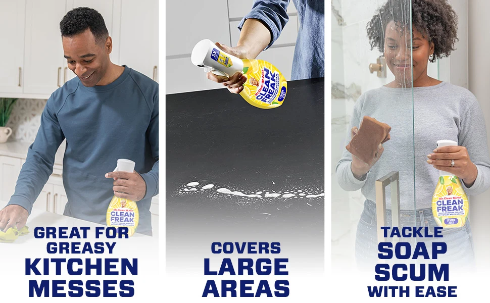 People cleaning various surfaces with a Mr. Clean CleanFreak Lemon Zest