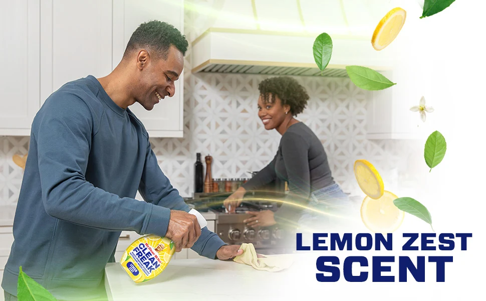 People cleaning a kitchen with a Mr. Clean CleanFreak Lemon Scent