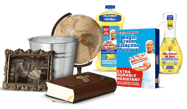 Various Mr. Clean products next to household items