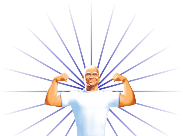 Illustrated MrClean in a white T-shirt flexing both arms in a strongman pose against a purple background with starbursts and sparkles.