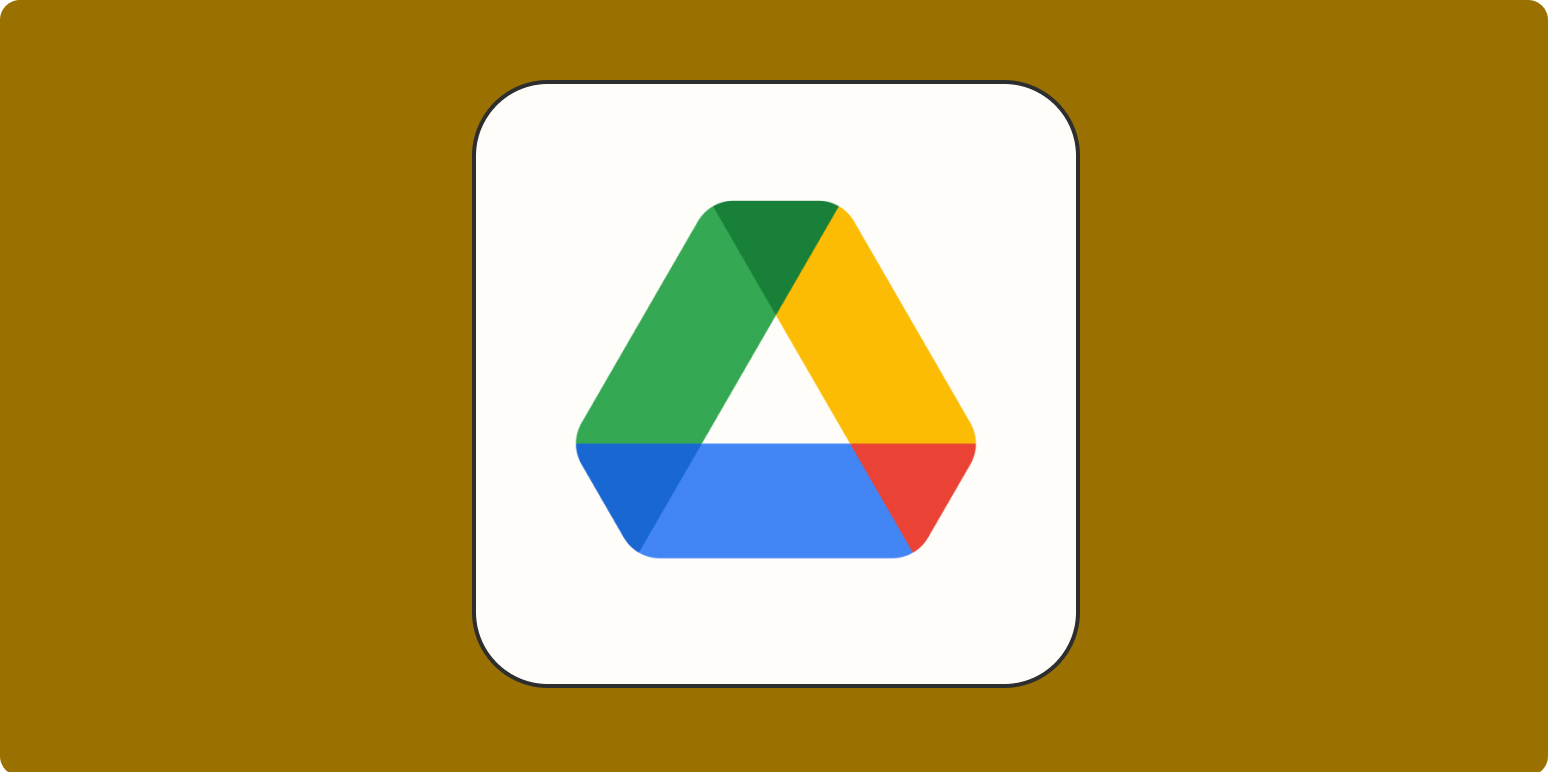 A hero image for Google Drive app tips with the Google Drive logo on a yellowish-brown background