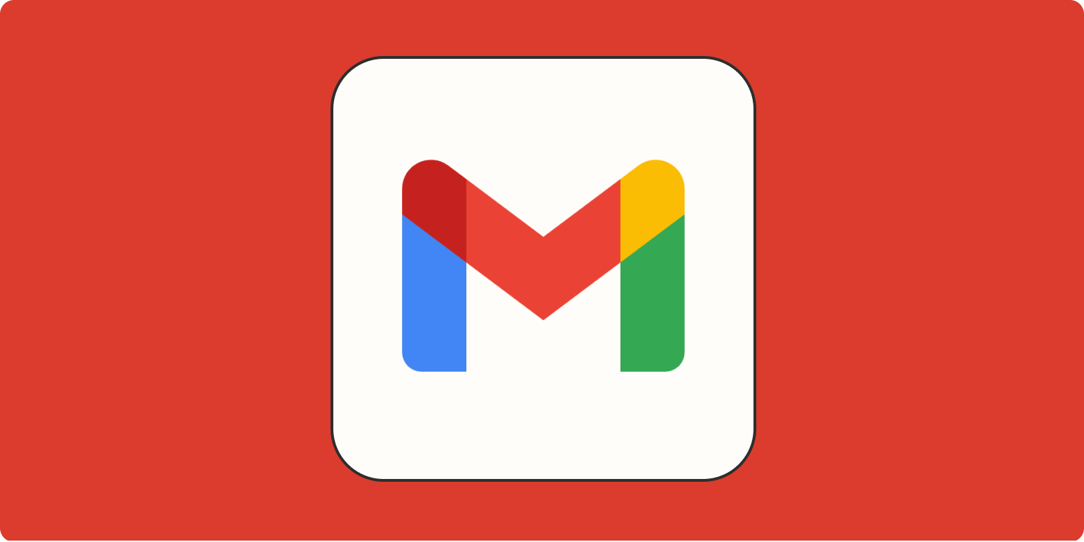 A hero image for Gmail app tips with the Gmail logo on a red background