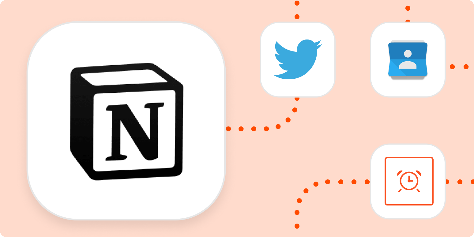The logo for Notion in a large white square with the logos for Twitter, Google Contacts, and Schedule in smaller white squares. All are connected with dotted orange lines.