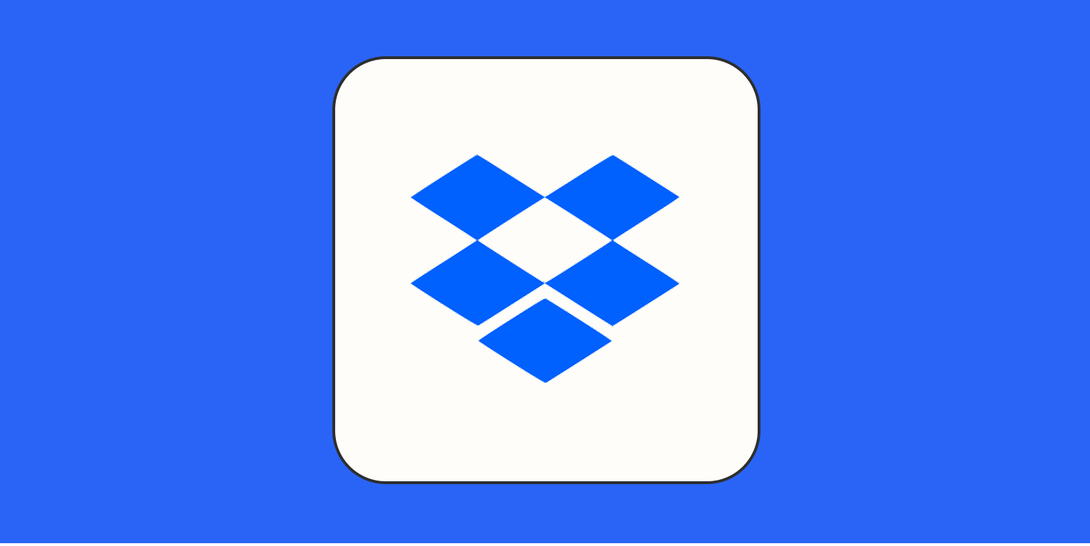 A hero image for Dropbox app tips with the Dropbox logo on a blue background