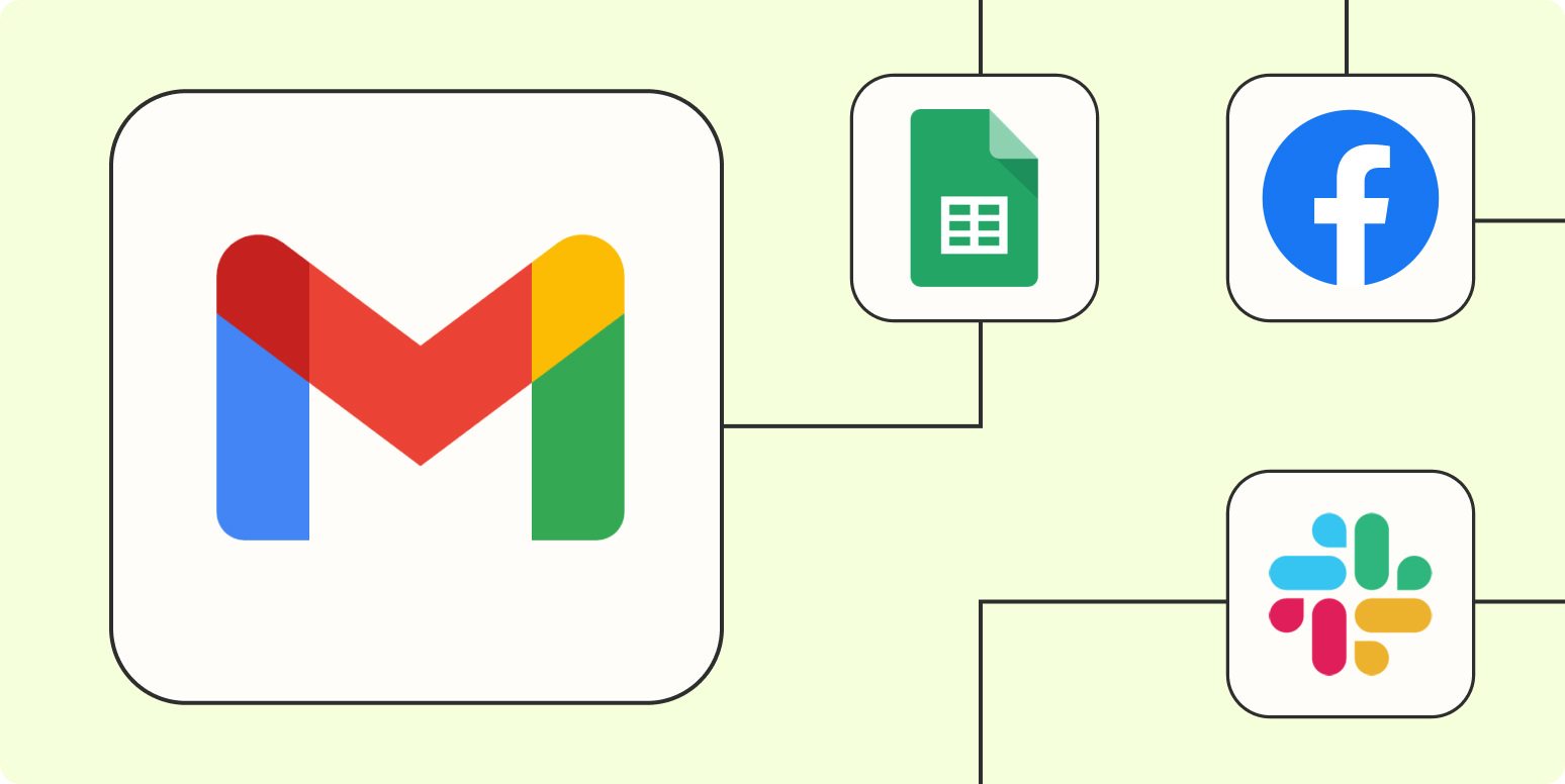 Gmail logo that connects with Facebook Lead Ads, Slack, and Google Sheet logos.
