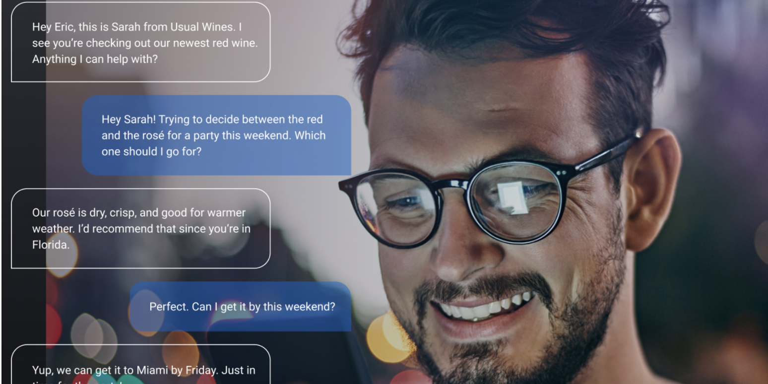 Hero image of a man's face with an overlay of two-way SMS marketing messages