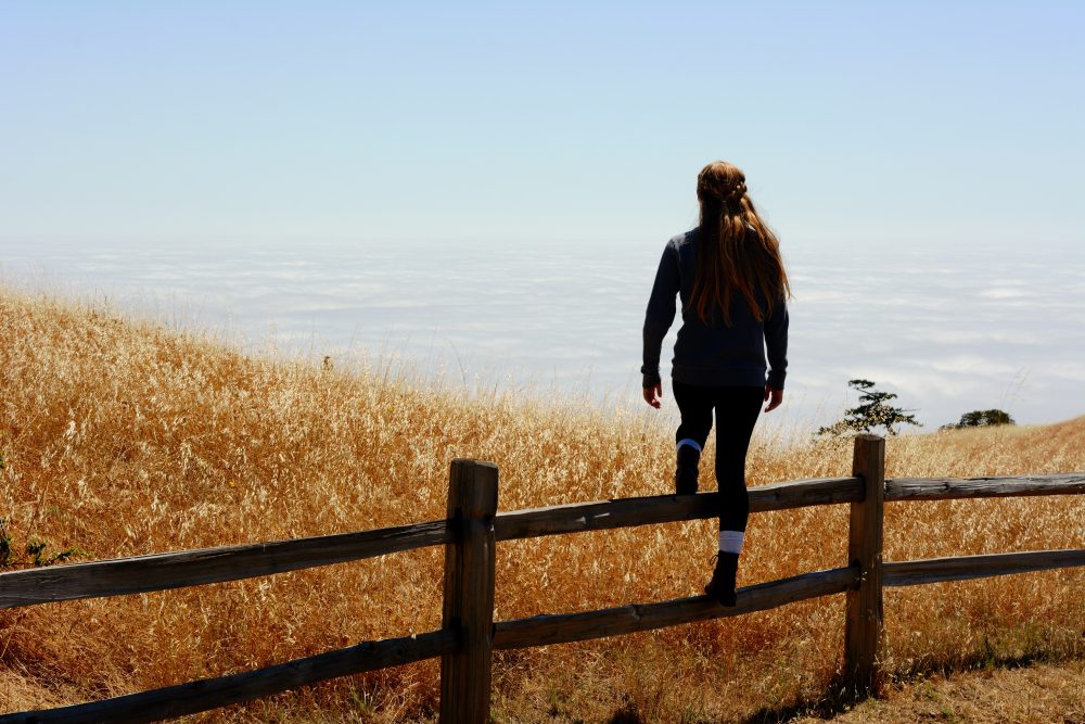 A fence in front of a blue sky and field of yellow dried weeds. A girl with long hair stands on the fence with one leg on each of the two rungs.