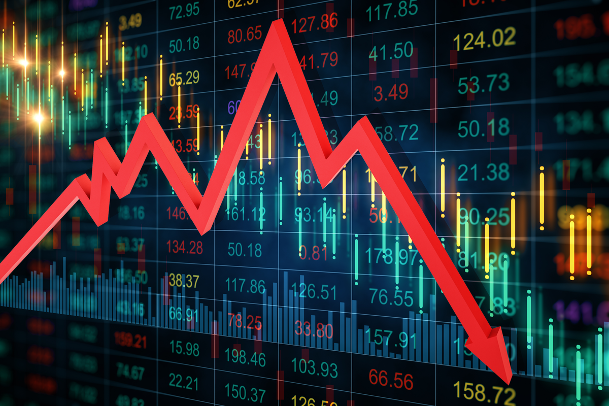 Creative crash recession chart with falling red arrow