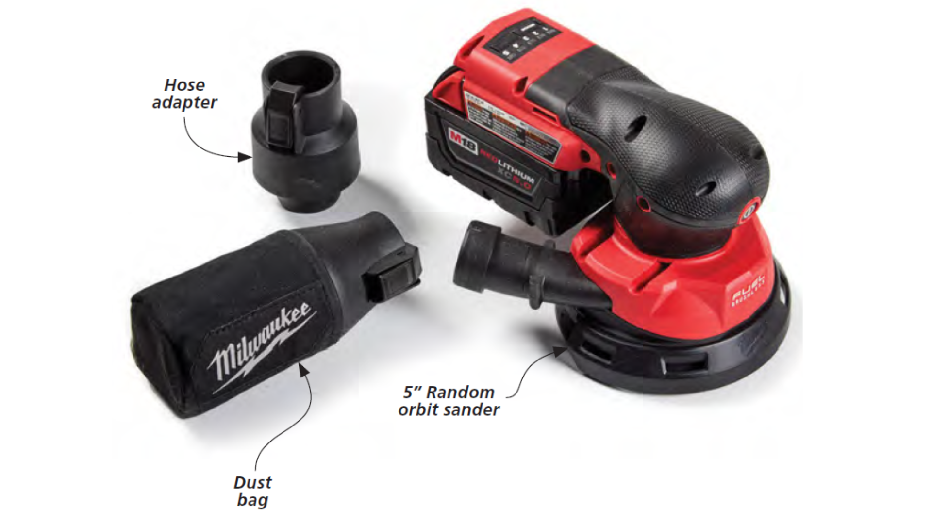 M18 RANDOM ORBIT SANDER with parts labled for dust bad, hose, and the 5 inch sander