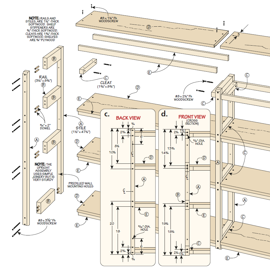 exploded view diagram of utility shelf with parts c, and d showing back and front views