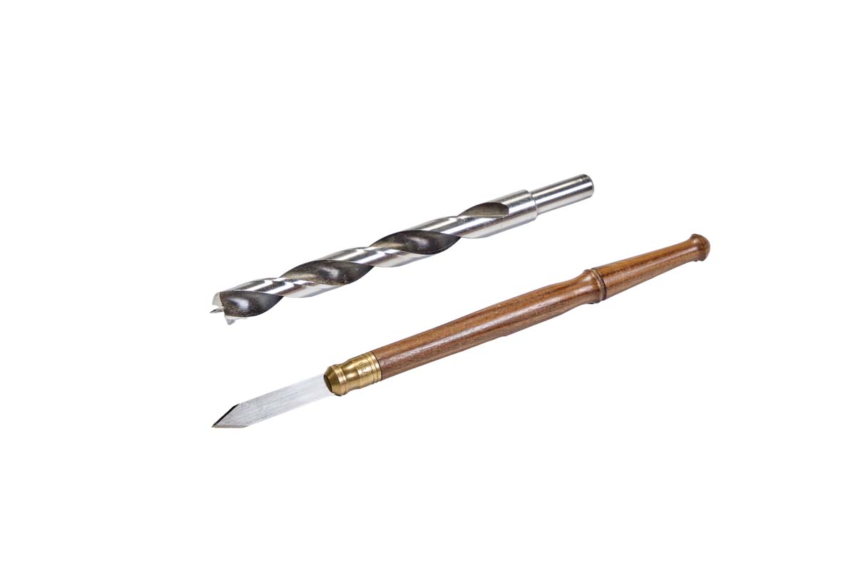 spiraled metal brad point bit and marking knife