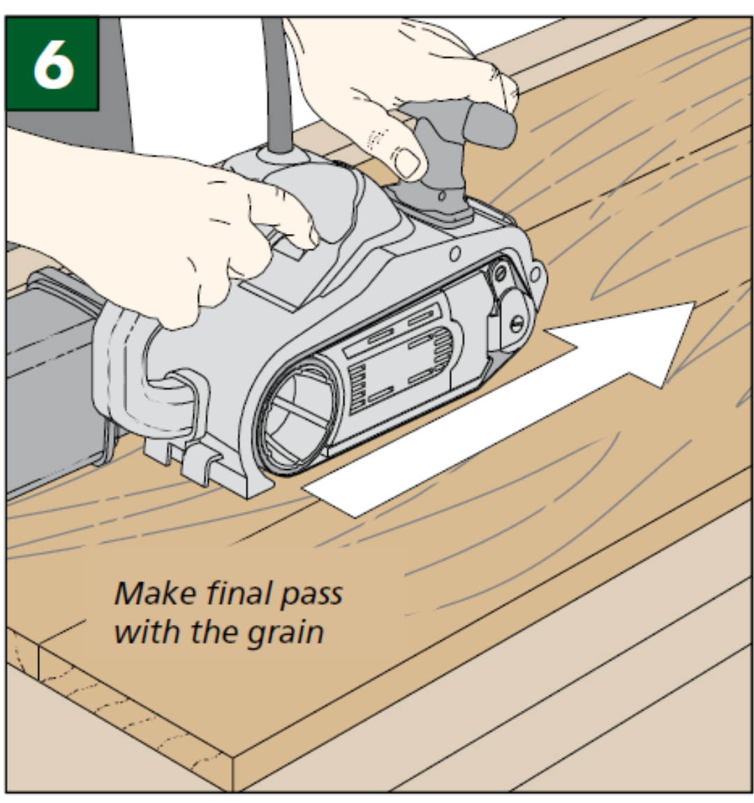 illustration shows use sander to sand with the wood grain in final pass