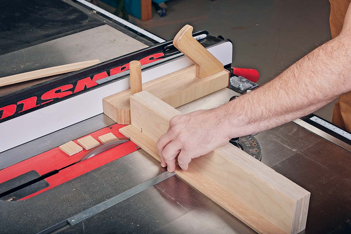 Stand Off Stop Block being used to cut wood pieces with table saw