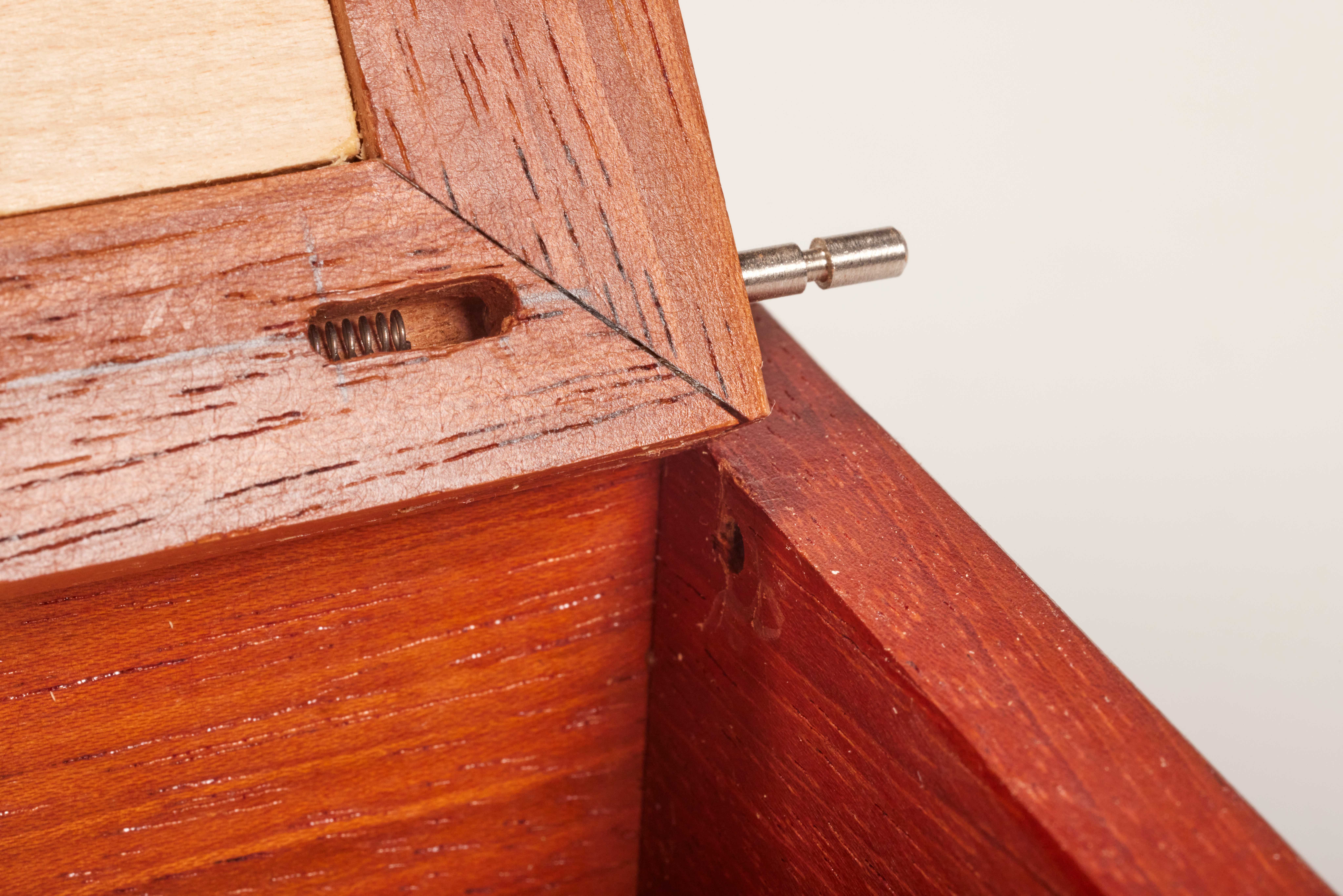 wood box with spring-loaded hidden pin hinges