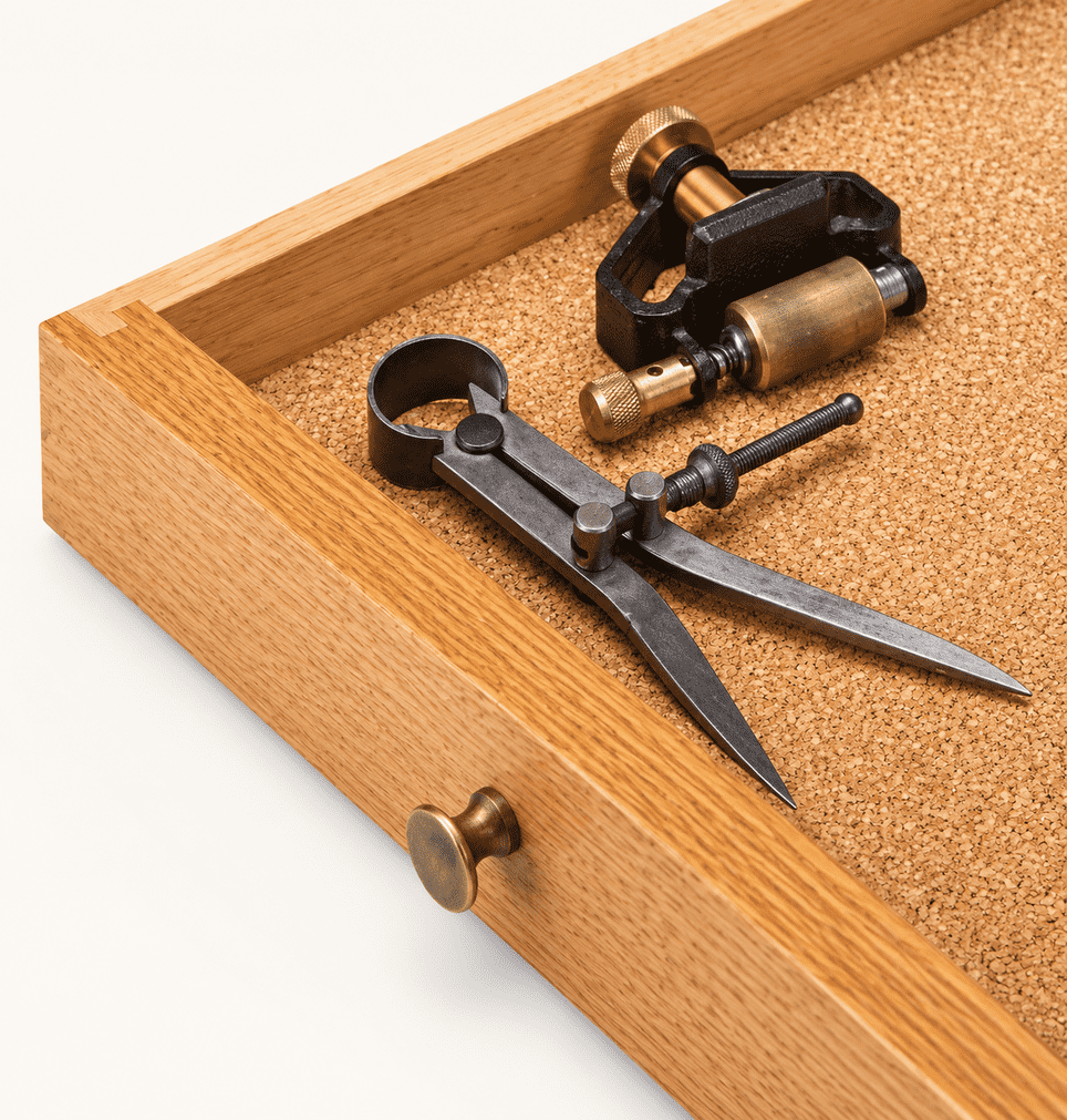 Vintage Tools in a Cork-Lined Oak Drawer
