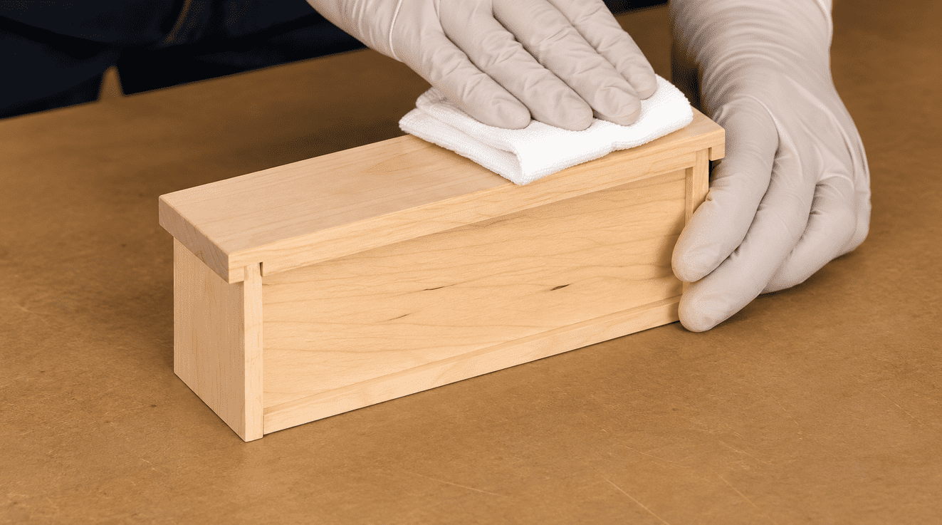 Gloved Hands Polishing Wooden Drawer Box