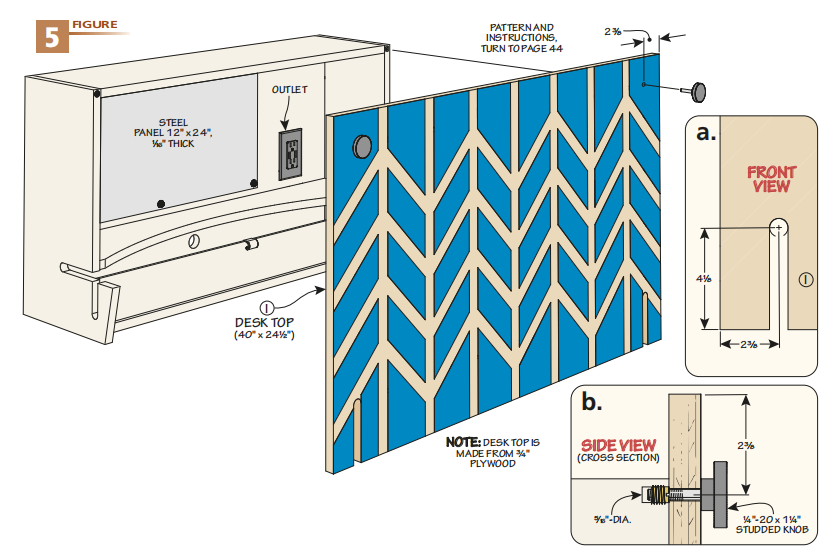 figure 5 diagram with sections a and b, showing how to add the front of the drop down desk