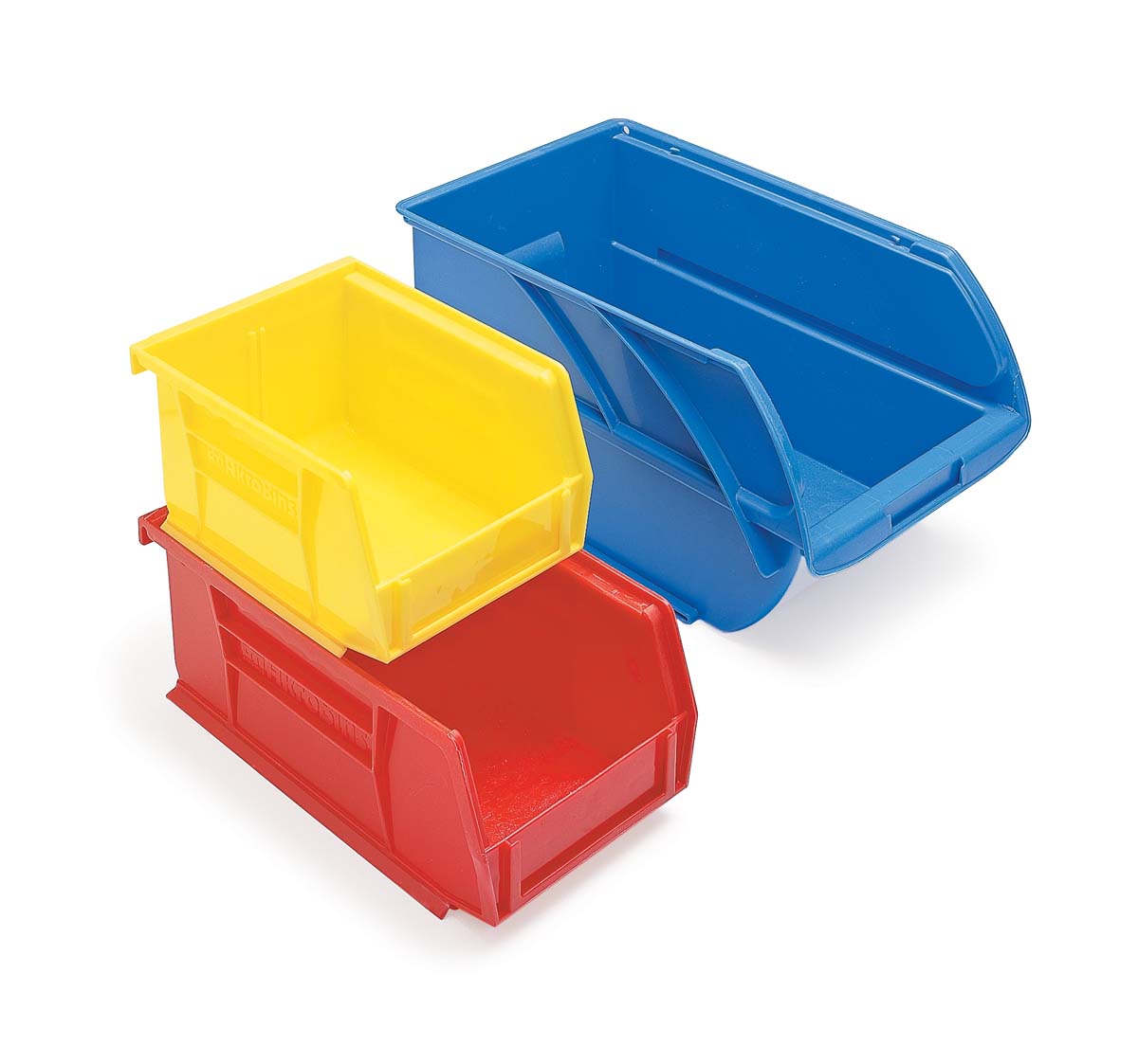 3 plastic bins of various sizes, in the colors, blue, yellow, red