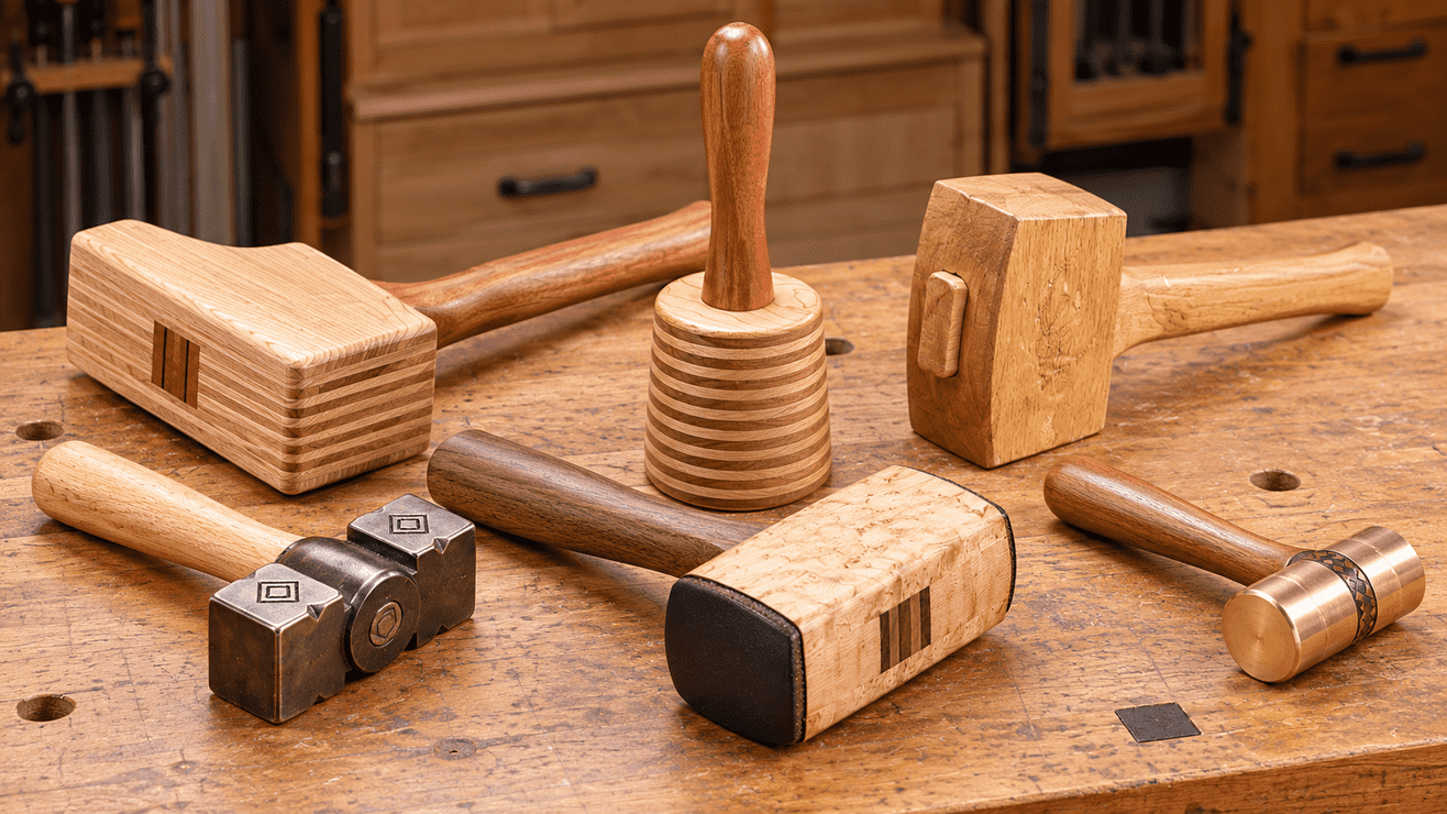 Crafted Mallets on a Woodworking Bench