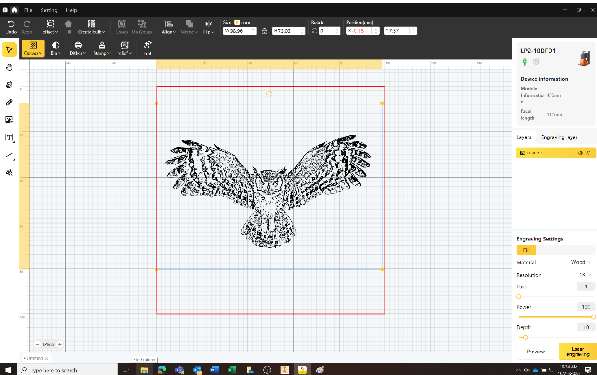 owl image being setup in software for burning