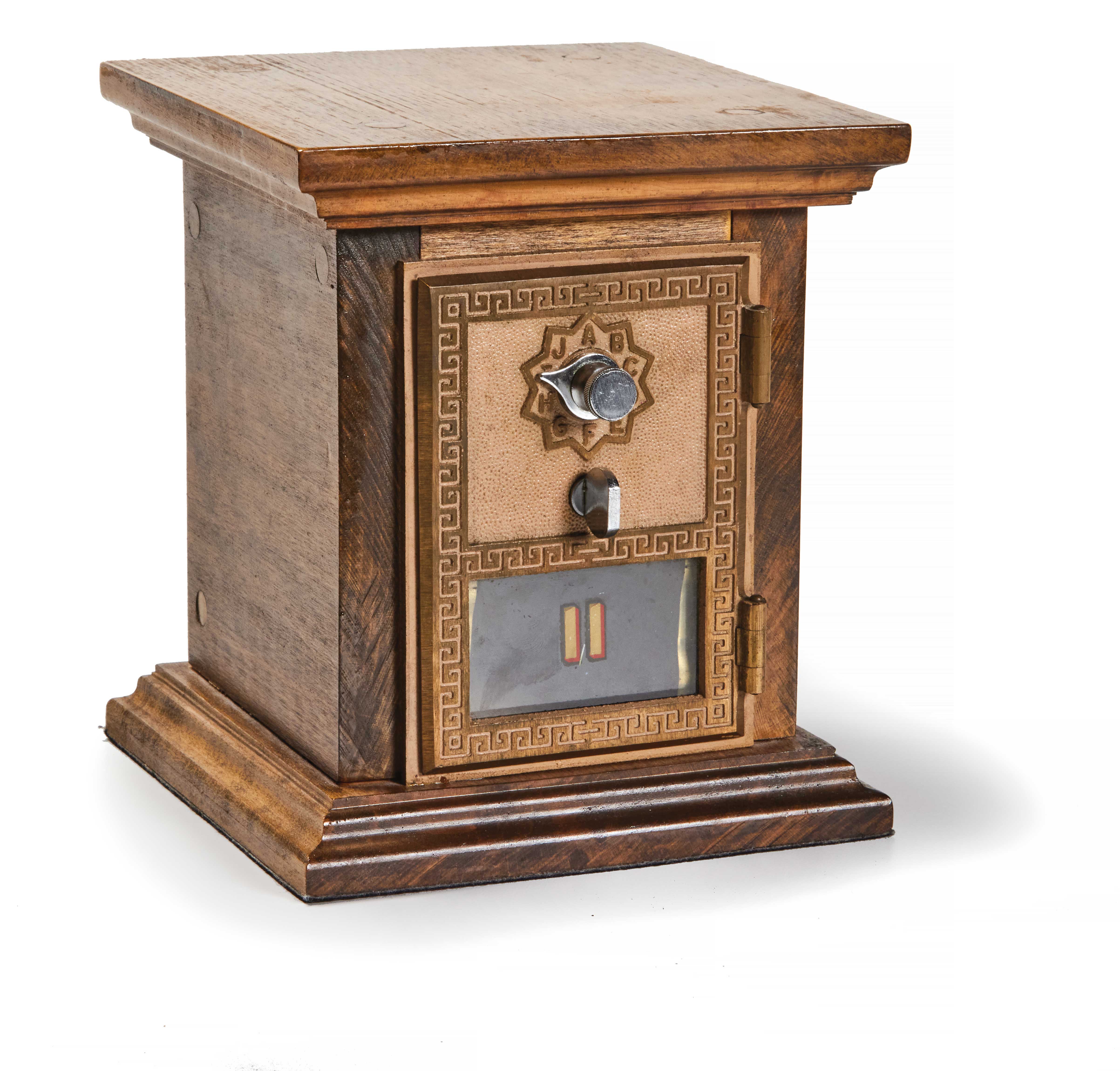 Standing brown wood box with greek column accented door on hinges, and a turning lock under a glass knob